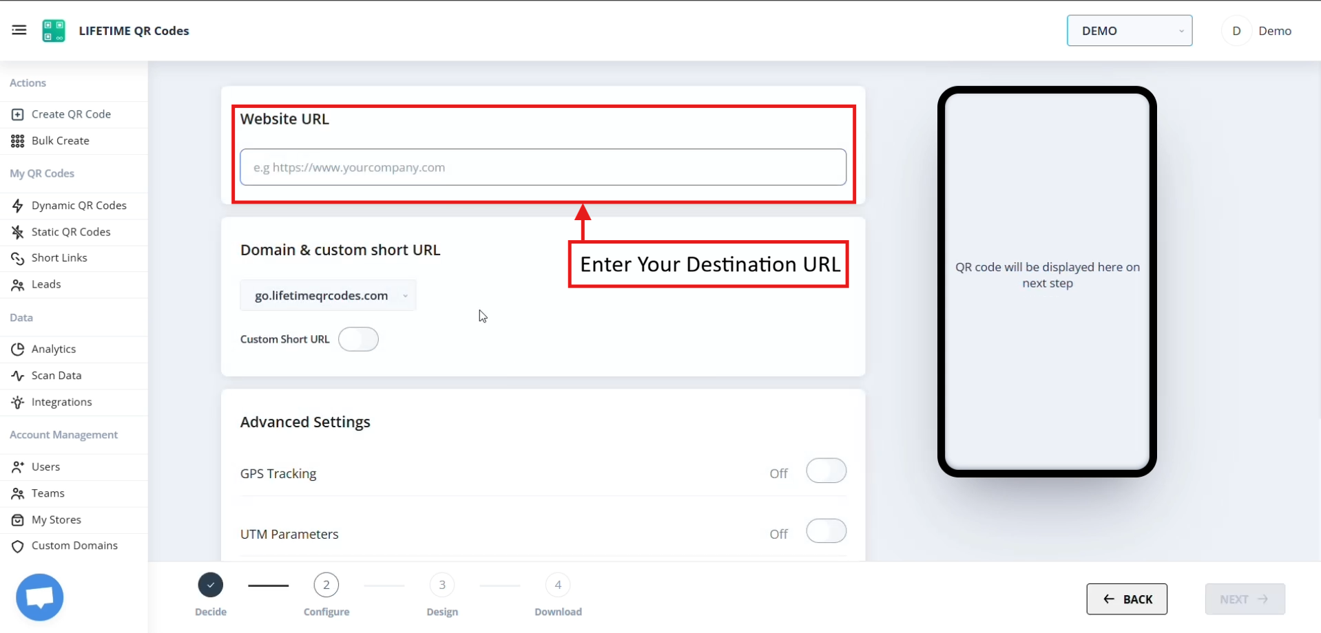 Screenshot of Enter Your Destination URL flow